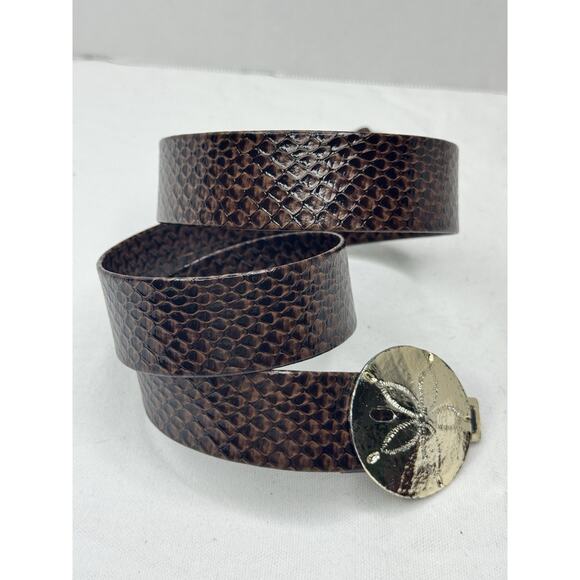 Vintage Gold-Tone Sand Dollar BUCKLE Adjustable Brown Snakeskin Belt ONE SIZE main image 6